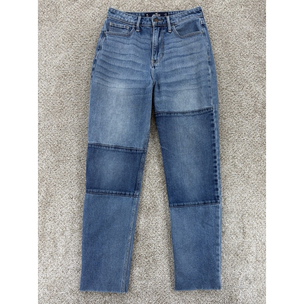 Hollister Ultra High Rise Mom Jean Womens Jrs 1R W25 L27‎ Blue Patchwork Raw Hem